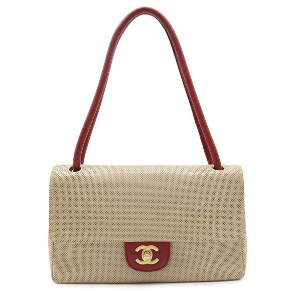 Chanel Cocomark Punching Shoulder Bag Semi-Shoulder Leather Beige Red Gold - Picture 1 of 8